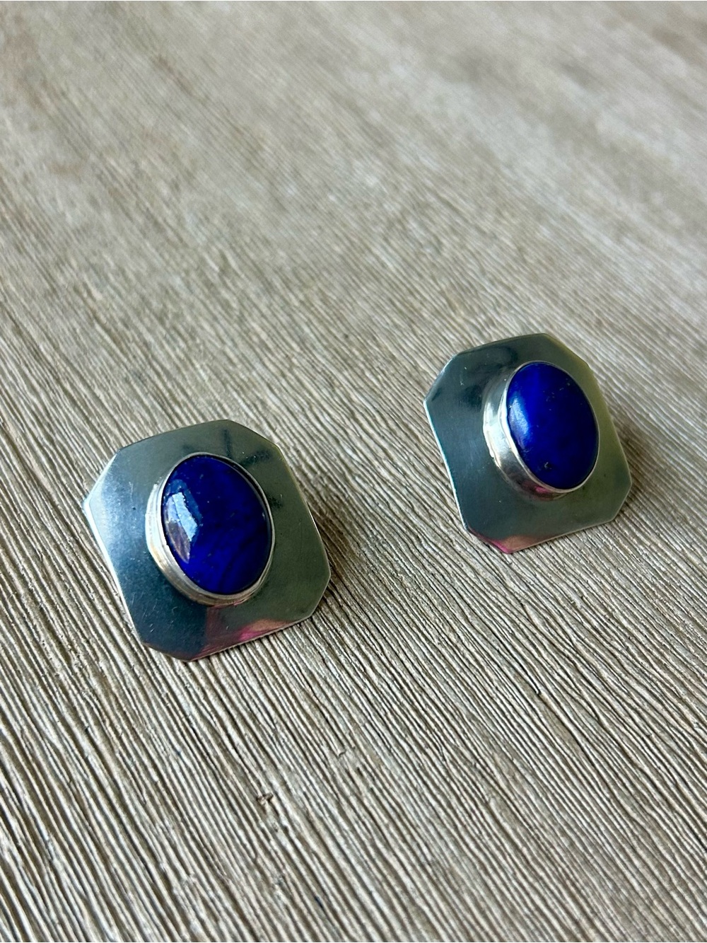 Sterling Silver & Cobalt Blue Lapis Lazuli Southwestern Square Earrings Vintage